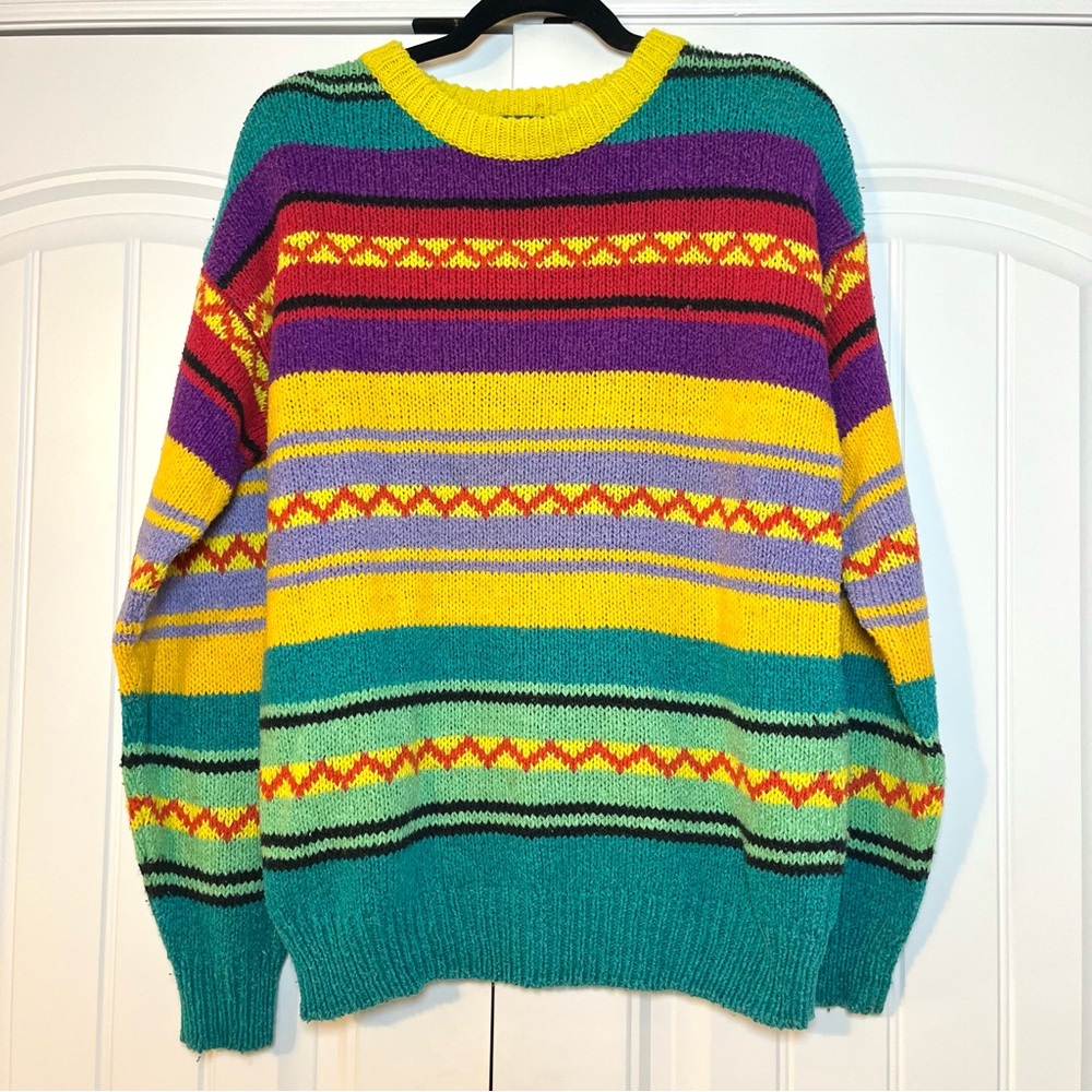 Vintage 80s Colorful Striped Sweater Geometric Granola Cabin Knit Chunky Small